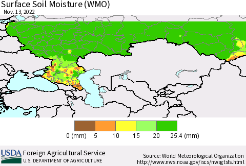 Russian Federation Surface Soil Moisture (WMO) Thematic Map For 11/7/2022 - 11/13/2022