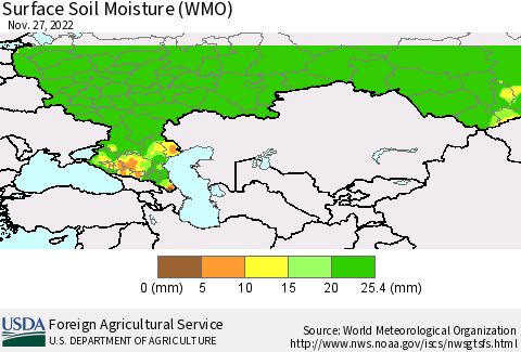 Russian Federation Surface Soil Moisture (WMO) Thematic Map For 11/21/2022 - 11/27/2022