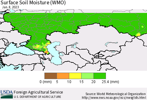 Russian Federation Surface Soil Moisture (WMO) Thematic Map For 1/2/2023 - 1/8/2023
