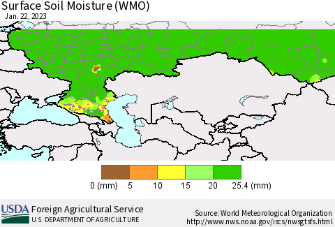 Russian Federation Surface Soil Moisture (WMO) Thematic Map For 1/16/2023 - 1/22/2023