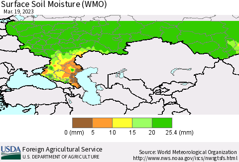 Russian Federation Surface Soil Moisture (WMO) Thematic Map For 3/13/2023 - 3/19/2023