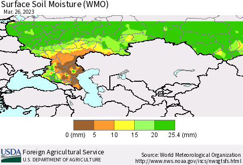 Russian Federation Surface Soil Moisture (WMO) Thematic Map For 3/20/2023 - 3/26/2023