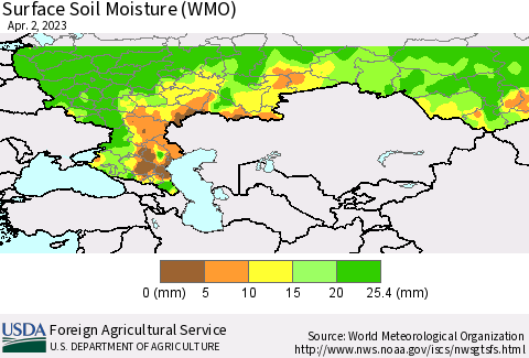 Russian Federation Surface Soil Moisture (WMO) Thematic Map For 3/27/2023 - 4/2/2023