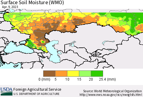 Russian Federation Surface Soil Moisture (WMO) Thematic Map For 4/3/2023 - 4/9/2023
