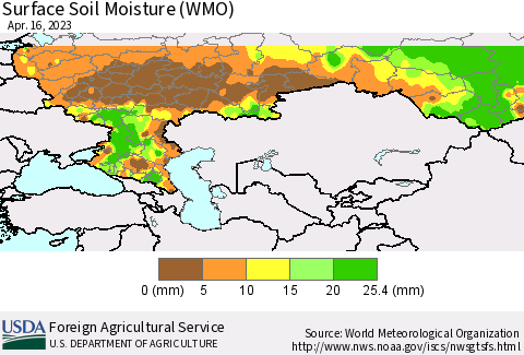 Russian Federation Surface Soil Moisture (WMO) Thematic Map For 4/10/2023 - 4/16/2023