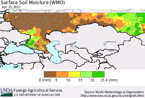 Russian Federation Surface Soil Moisture (WMO) Thematic Map For 4/17/2023 - 4/23/2023