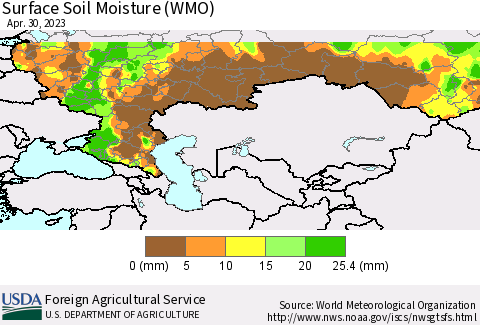 Russian Federation Surface Soil Moisture (WMO) Thematic Map For 4/24/2023 - 4/30/2023