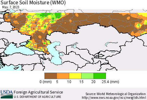 Russian Federation Surface Soil Moisture (WMO) Thematic Map For 5/1/2023 - 5/7/2023