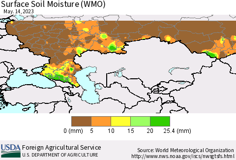 Russian Federation Surface Soil Moisture (WMO) Thematic Map For 5/8/2023 - 5/14/2023