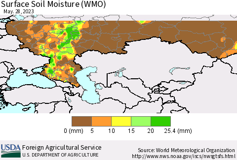 Russian Federation Surface Soil Moisture (WMO) Thematic Map For 5/22/2023 - 5/28/2023