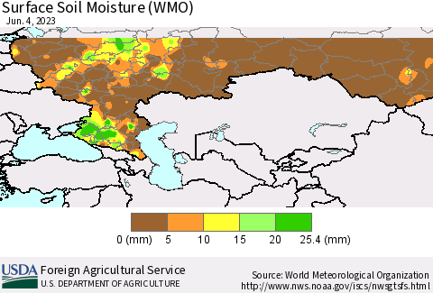 Russian Federation Surface Soil Moisture (WMO) Thematic Map For 5/29/2023 - 6/4/2023
