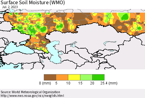 Russian Federation Surface Soil Moisture (WMO) Thematic Map For 6/26/2023 - 7/2/2023