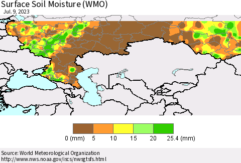 Russian Federation Surface Soil Moisture (WMO) Thematic Map For 7/3/2023 - 7/9/2023