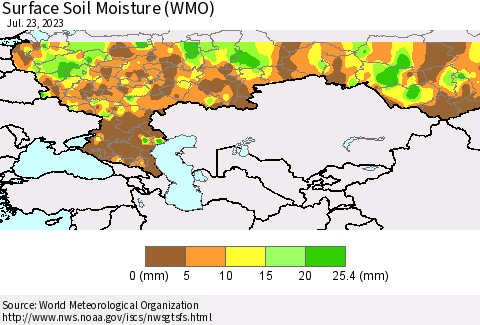 Russian Federation Surface Soil Moisture (WMO) Thematic Map For 7/17/2023 - 7/23/2023
