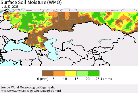 Russian Federation Surface Soil Moisture (WMO) Thematic Map For 7/24/2023 - 7/30/2023
