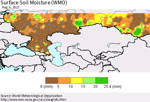 Russian Federation Surface Soil Moisture (WMO) Thematic Map For 7/31/2023 - 8/6/2023
