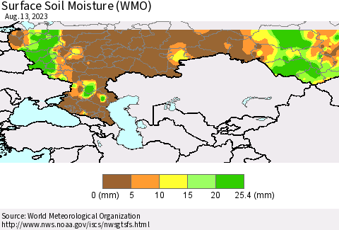 Russian Federation Surface Soil Moisture (WMO) Thematic Map For 8/7/2023 - 8/13/2023