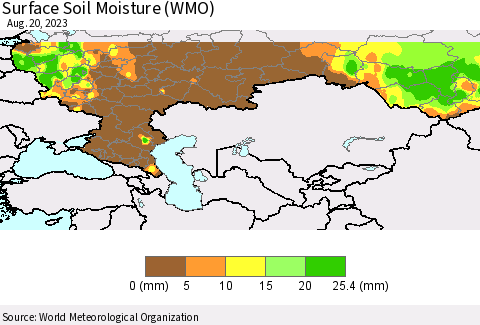 Russian Federation Surface Soil Moisture (WMO) Thematic Map For 8/14/2023 - 8/20/2023