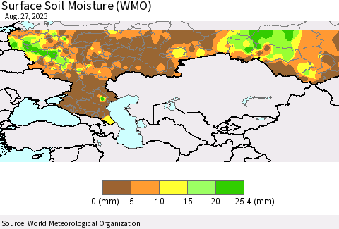 Russian Federation Surface Soil Moisture (WMO) Thematic Map For 8/21/2023 - 8/27/2023