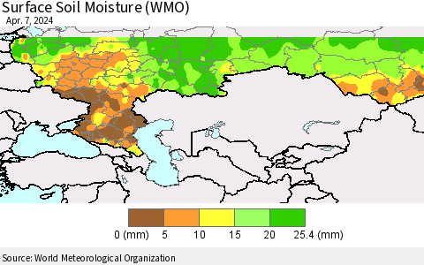 Russian Federation Surface Soil Moisture (WMO) Thematic Map For 4/1/2024 - 4/7/2024