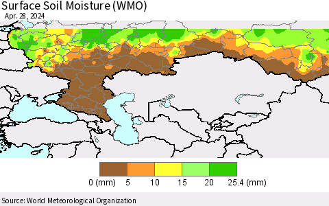 Russian Federation Surface Soil Moisture (WMO) Thematic Map For 4/22/2024 - 4/28/2024