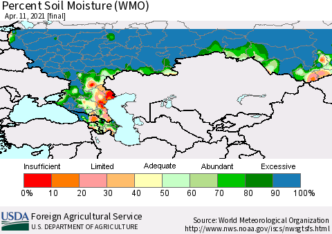 Russian Federation Percent Soil Moisture (WMO) Thematic Map For 4/5/2021 - 4/11/2021
