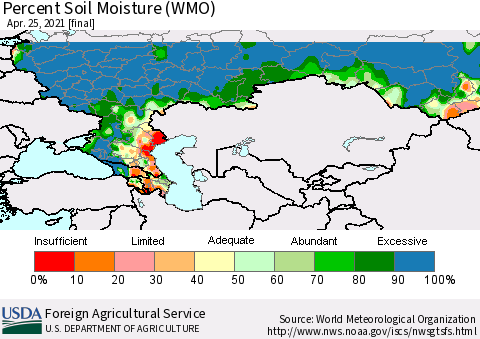 Russian Federation Percent Soil Moisture (WMO) Thematic Map For 4/19/2021 - 4/25/2021