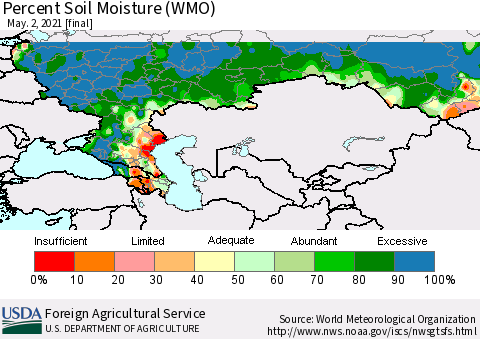 Russian Federation Percent Soil Moisture (WMO) Thematic Map For 4/26/2021 - 5/2/2021