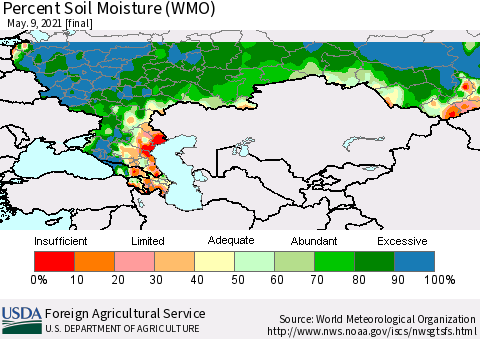 Russian Federation Percent Soil Moisture (WMO) Thematic Map For 5/3/2021 - 5/9/2021