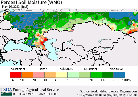 Russian Federation Percent Soil Moisture (WMO) Thematic Map For 5/10/2021 - 5/16/2021
