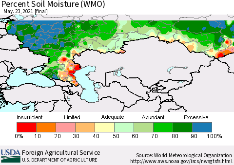 Russian Federation Percent Soil Moisture (WMO) Thematic Map For 5/17/2021 - 5/23/2021