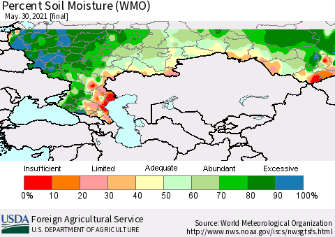 Russian Federation Percent Soil Moisture (WMO) Thematic Map For 5/24/2021 - 5/30/2021