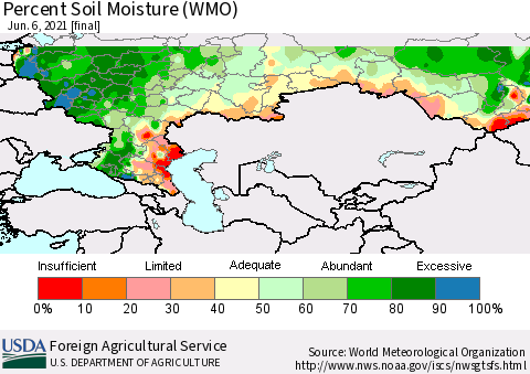 Russian Federation Percent Soil Moisture (WMO) Thematic Map For 5/31/2021 - 6/6/2021