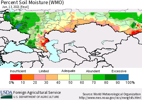Russian Federation Percent Soil Moisture (WMO) Thematic Map For 6/7/2021 - 6/13/2021