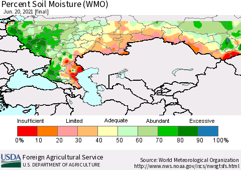 Russian Federation Percent Soil Moisture (WMO) Thematic Map For 6/14/2021 - 6/20/2021