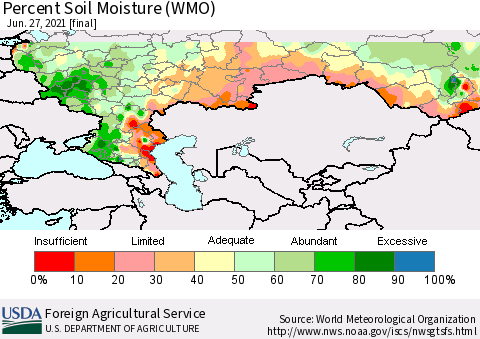 Russian Federation Percent Soil Moisture (WMO) Thematic Map For 6/21/2021 - 6/27/2021