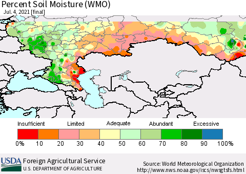 Russian Federation Percent Soil Moisture (WMO) Thematic Map For 6/28/2021 - 7/4/2021