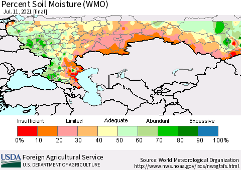 Russian Federation Percent Soil Moisture (WMO) Thematic Map For 7/5/2021 - 7/11/2021