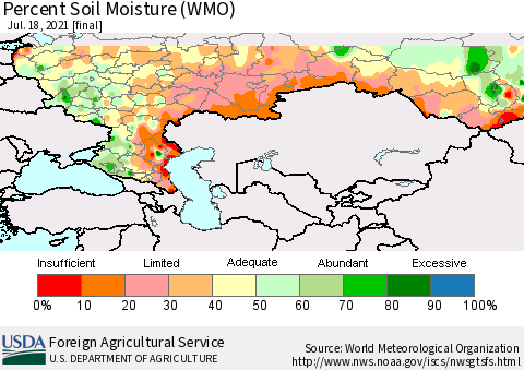 Russian Federation Percent Soil Moisture (WMO) Thematic Map For 7/12/2021 - 7/18/2021
