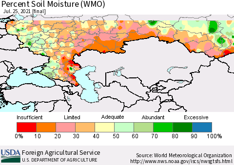 Russian Federation Percent Soil Moisture (WMO) Thematic Map For 7/19/2021 - 7/25/2021