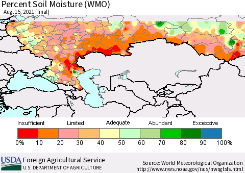 Russian Federation Percent Soil Moisture (WMO) Thematic Map For 8/9/2021 - 8/15/2021