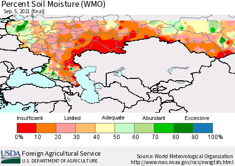 Russian Federation Percent Soil Moisture (WMO) Thematic Map For 8/30/2021 - 9/5/2021