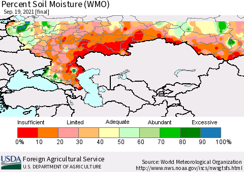 Russian Federation Percent Soil Moisture (WMO) Thematic Map For 9/13/2021 - 9/19/2021