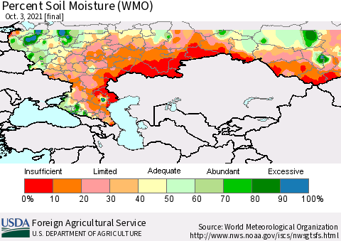 Russian Federation Percent Soil Moisture (WMO) Thematic Map For 9/27/2021 - 10/3/2021