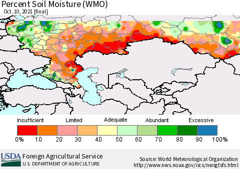 Russian Federation Percent Soil Moisture (WMO) Thematic Map For 10/4/2021 - 10/10/2021