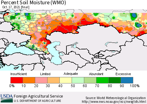 Russian Federation Percent Soil Moisture (WMO) Thematic Map For 10/11/2021 - 10/17/2021