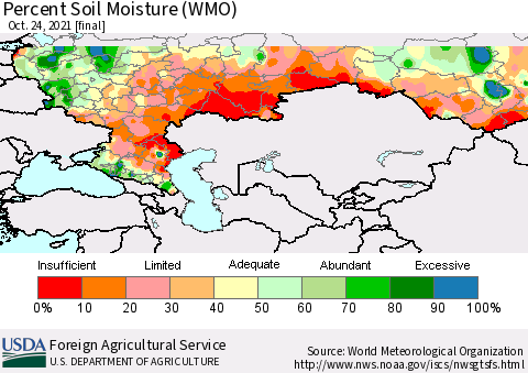 Russian Federation Percent Soil Moisture (WMO) Thematic Map For 10/18/2021 - 10/24/2021
