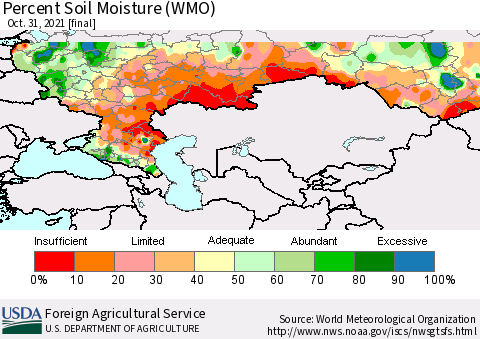 Russian Federation Percent Soil Moisture (WMO) Thematic Map For 10/25/2021 - 10/31/2021