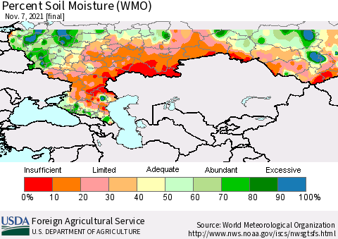 Russian Federation Percent Soil Moisture (WMO) Thematic Map For 11/1/2021 - 11/7/2021