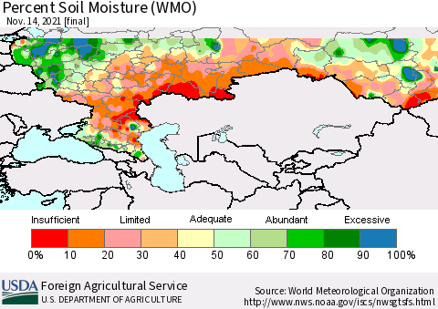 Russian Federation Percent Soil Moisture (WMO) Thematic Map For 11/8/2021 - 11/14/2021